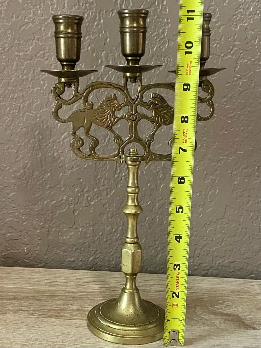 Brass Triple-Arm Lion Motif Candelabra